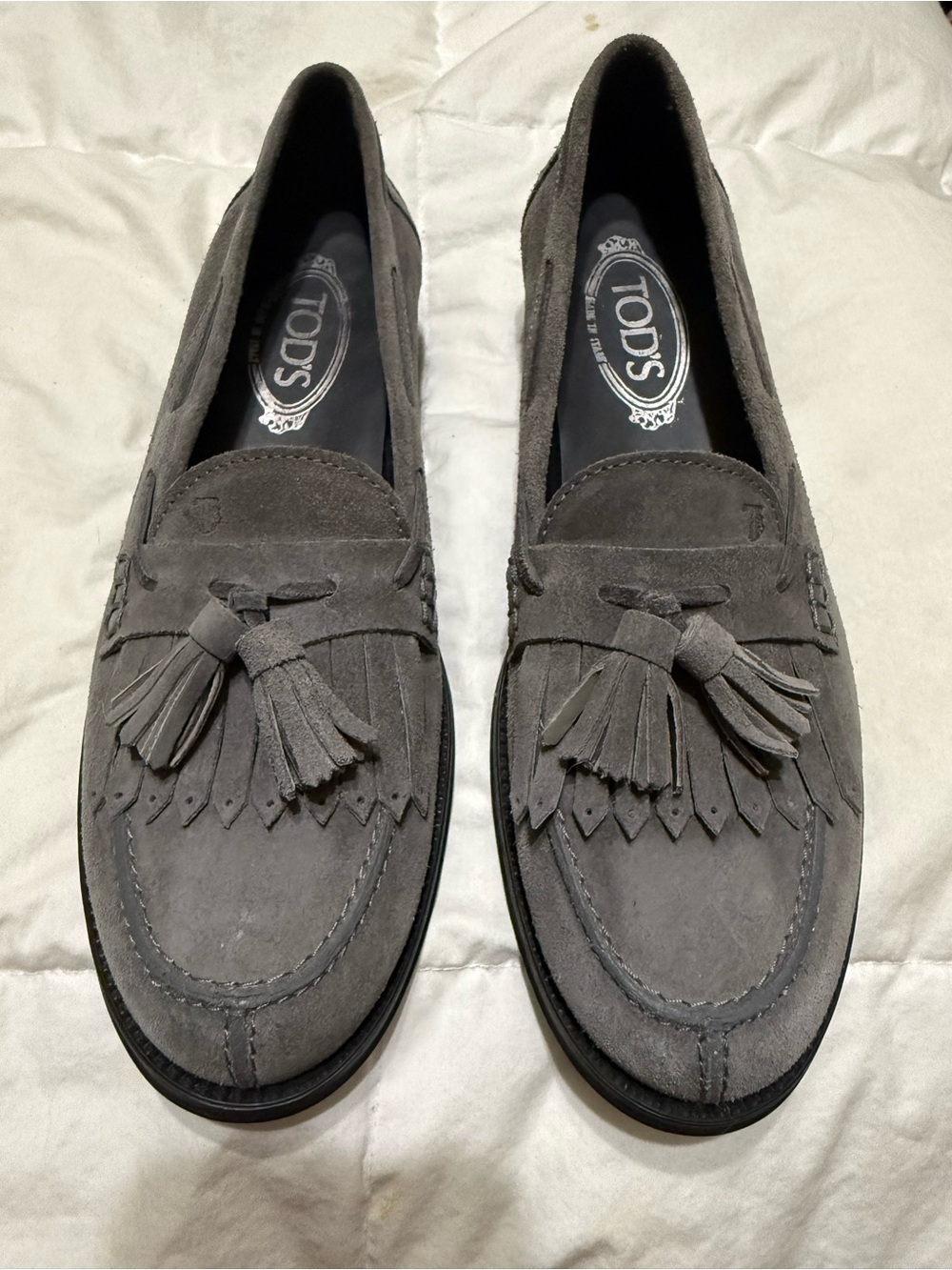 Tod's Gray Suede Tassel Loafers